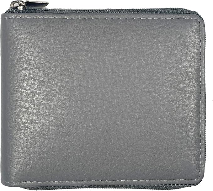 RFID Blocking Bifold Cowhide Leather Wallets For Men With Zipper Security | Safe Metal Zip Chain 9 Card-ID Slim Minimalist Mens Wallet (Gray) by Premiumqualityleatheraccessories