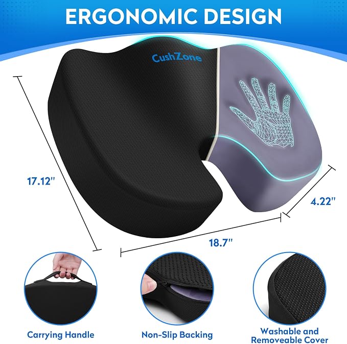 CushZone XXL Memory Foam Seat Cushion for Office & Car, Black | U-shaped Coccyx Cutout, Contoured Design, Breathable Removable Mesh Cover, Non-Slip Base, Carry Handle - Image 4