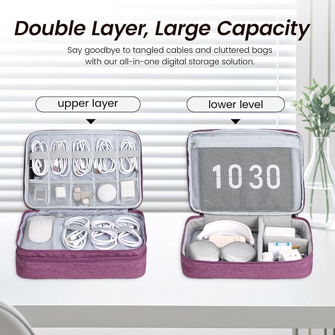 Electronic Organizer Travel Case, Double Layer Cable Organizer Bag | Double-layer design with adjustable dividers, mesh pockets and elastic loops for chargers, cables, power banks and gadgets - Image 4