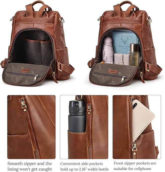 S-ZONE Leather Backpack Purses for Women Antitheft Rucksack Shoulder Bag Medium | Genuine Leather, Medium Fits 9.7-inch Tablet, for Work Travel Daily Commute, Multi Pockets, Adjustable Dual Straps - Image 4