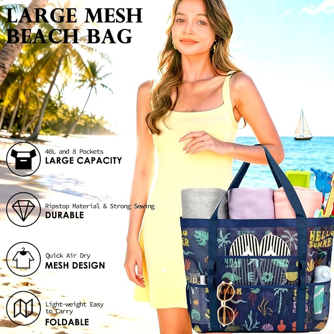 Fammart Mesh Beach Bag for Women, Large Beach Toy Pool Bag with Zipper Pocket, SandProof Cruise Essentials 2026 Family Travel - Image 3