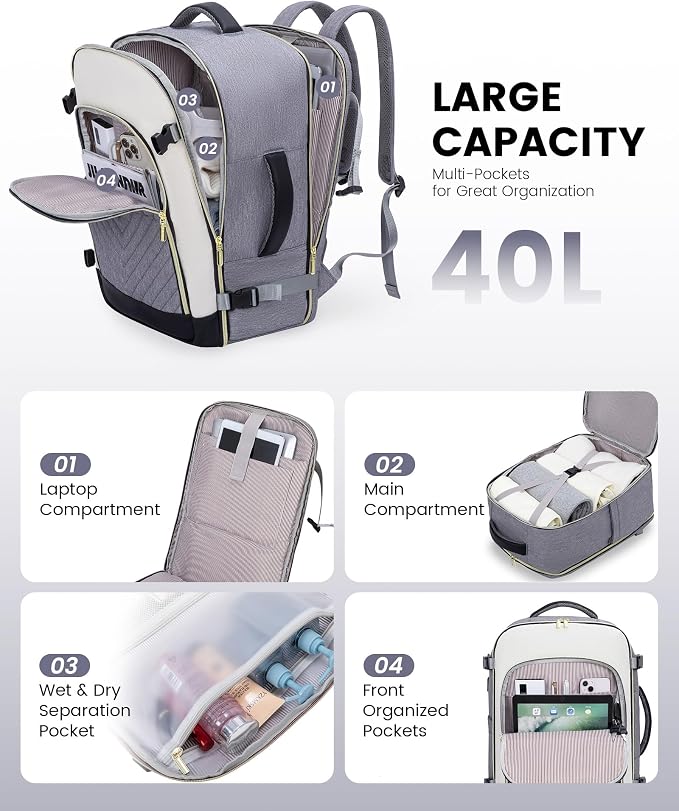 LOVEVOOK Large Travel Backpack for Women, TSA Carry on Backpack for Airplanes, 40L Personal Item Travel Bag for Women fits 17" Laptop,Waterproof Carry on Bag Airplane Approved with 3 Packing Cubes - Image 3