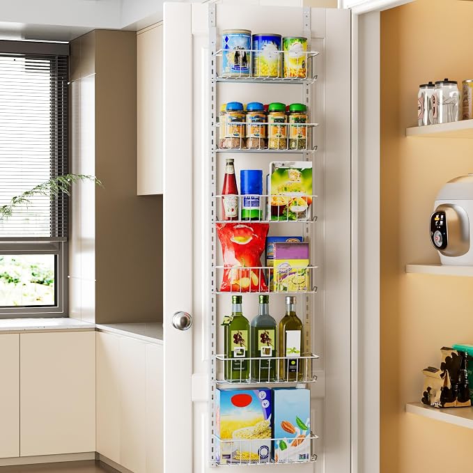 Delamu Pantry Door Organizer, Adjustable Metal Over the Door Pantry Organizer Rack, 6-Tier Over the Door Spice Rack, Kitchen Pantry Door Organizers and Storage, D5 W12 H52.1 inch, White, Small by DELAMU