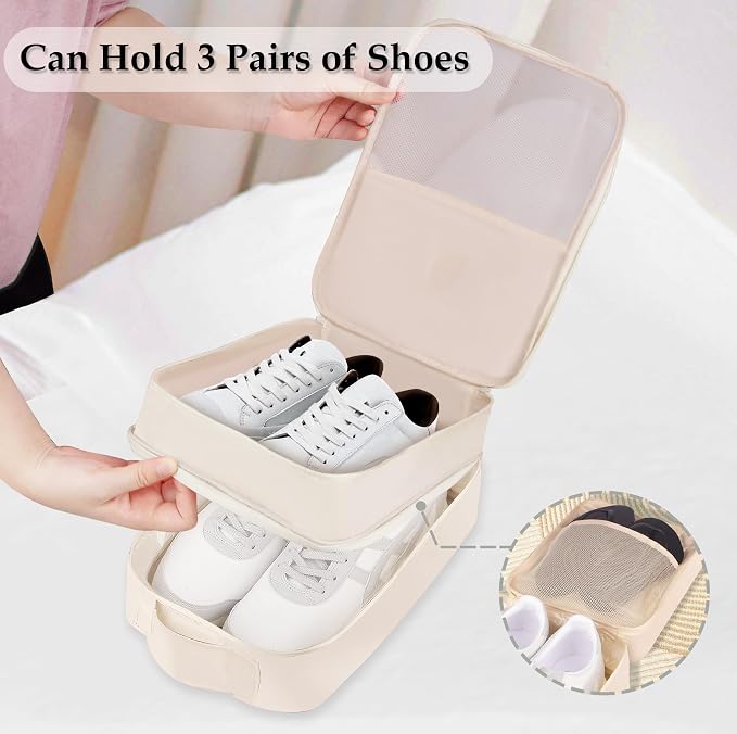 Travel Shoe Bag Waterproof Shoe Organizer Bag Holds 3 Pair of Shoes Shoe Packing Cube for Suitcase Travel and Daily Use Storage Pouch with Handle (Beige) - Image 3
