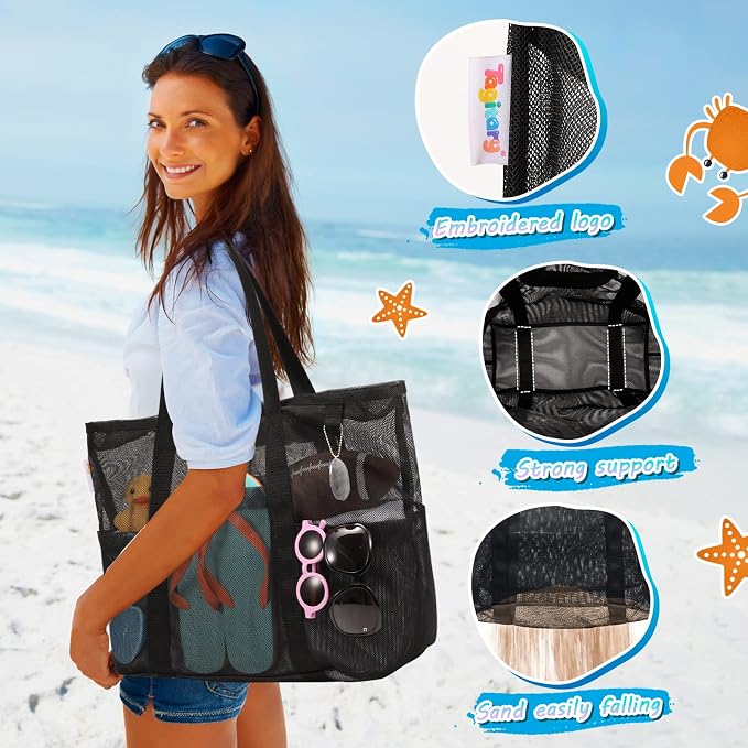 Tagitary Mesh Beach Bag with Zipper Large Beach Tote Waterproof Sandproof with 8 Pockets for Toys Pool Bag Beach Accessories - Image 6
