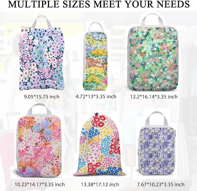 6 Pcs Compression Packing Cubes Waterproof Suitcase Travel Bag Luggage Backpack Organizer Travel Cubes for Packing-Small Floral Print - Image 2