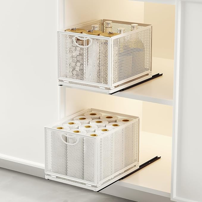 2 Pack Pull Out Cabinet Organizer, No Drill Adhesive Sliding Drawers for Kitchen, Metal Mesh Wire Storage Shelf for Pantry & Under Sink, White (9.6" W x 11.8" D x 8.4" H) by AmzAgeHomeKitchen