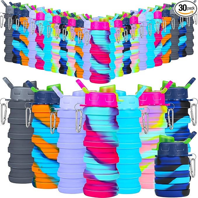 Sunnyray 30 Pack Collapsible Water Bottles Bulk Foldable Water Bottles 17oz Silicone Portable Leak Proof Reusable Sports with Clip for Travel Hiking Camping Outdoor (Camouflage) by Sunnyray