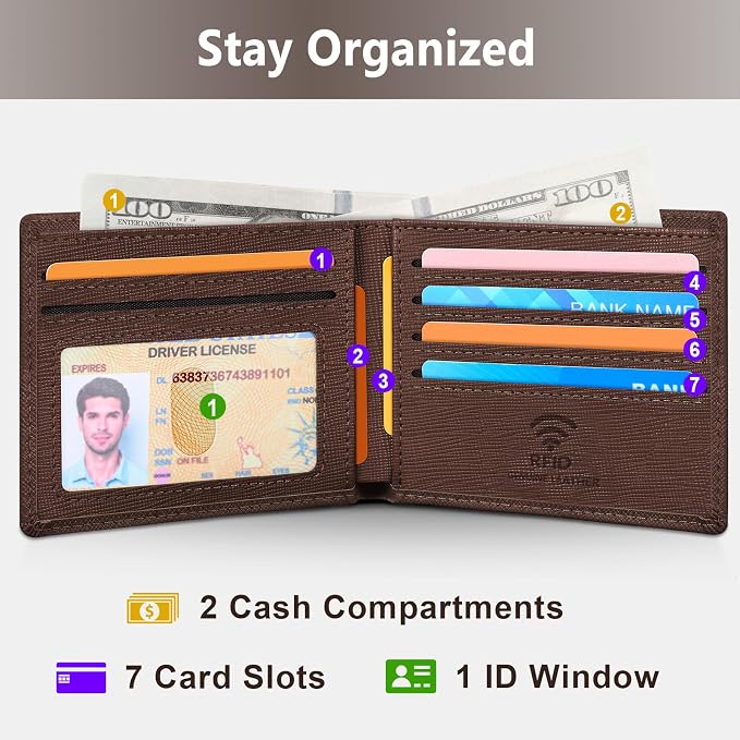 Travelambo Leather Wallet for Men, Slim Minimalist RFID Credit Card Holder | Mens Thin Bifold Pocket Wallet, Gift for Father, Crosshatch Coffee - Image 2