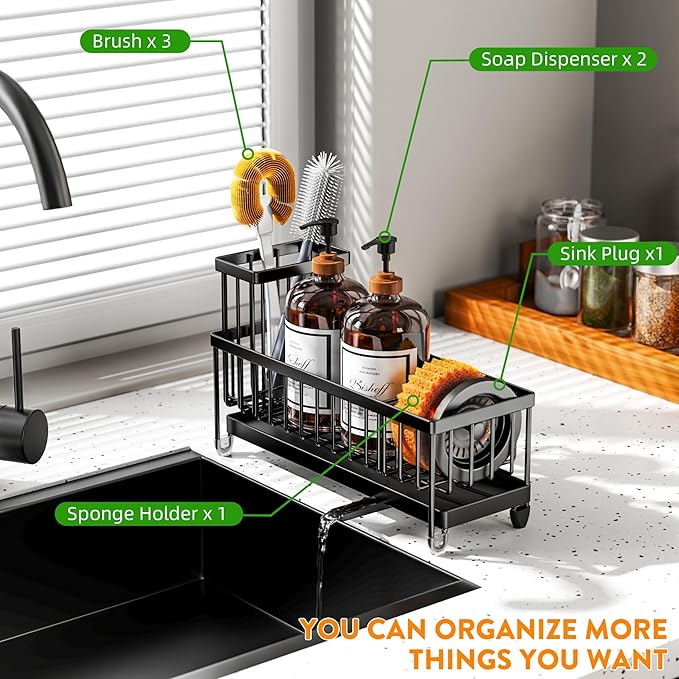 Cisily Sponge Holder for Kitchen Sink, Sink Caddy Organizer with High Brush Holder, Kitchen Countertop Organizers and Storage Essentials, Rustproof 304 Stainless Steel (Large Black, 10.62″) - Image 6