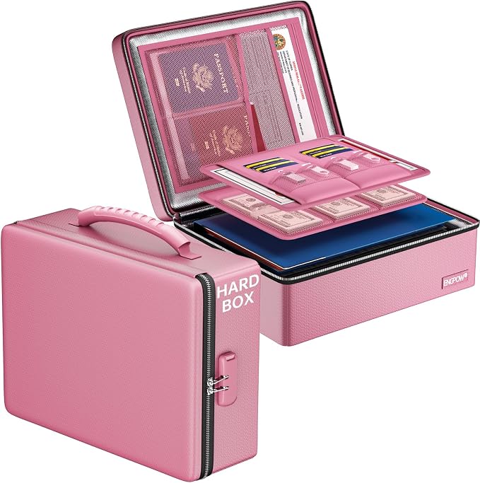ENGPOW Fireproof Document Box with Lock & Heat-Resistant Fireproof Zipper | 6400°F 12-Layer Fire Protection, Hard File Organizer with Pockets, Portable Home Chest Safe Storage for Money,Jewelry, Pink by ENGPOW