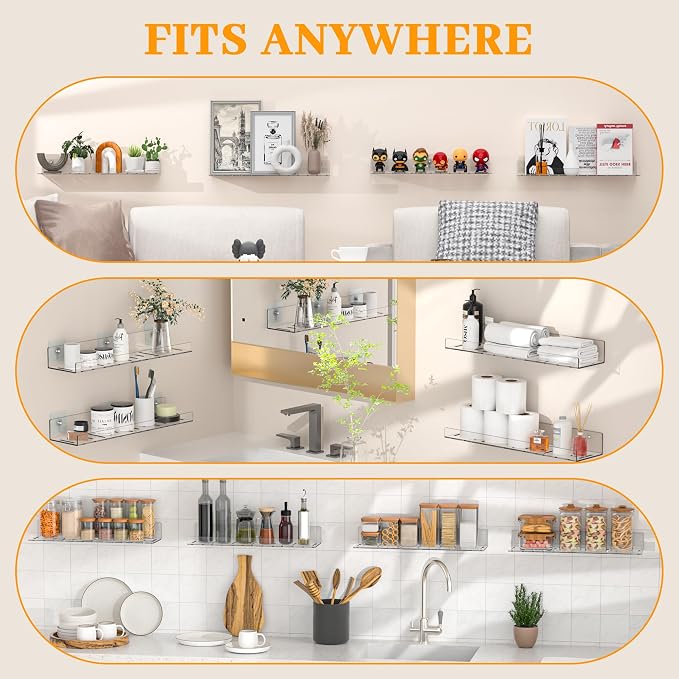 LAZYROSY 4 Pack Floating Shelves – Clear Acrylic/PET Wall-Mounted No Drill Storage with Adhesive, Invisible Bathroom & Bedroom Shelving for Kitchen, Living Room, Transparent Decor - Image 7