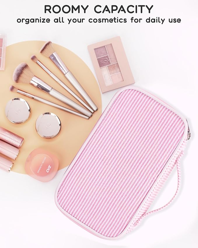 Relavel Pink Makeup Bag, Dual-Layer Cute Travel Cosmetic Bag, Pink Strip | Multi-Functional Small Toiletry Organizer with Make Up Brush Compartment, Travel Bag for Preppy Accessories for Daily Use - Image 6