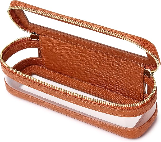 Pinkmik Makeup Brush Case, Brown, Slim | Clear Travel Cosmetic & Toiletry Bag, With Zipper, Small Purse Organizer, Car Essential for Women by Pinkmik