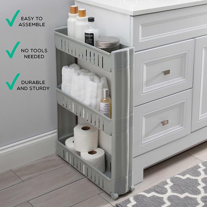 Simplify 3 Tier Slim Slide Out Storage Cart | Multi-Purpose Organization | Rolling | Wheels | Small Space | Laundry Room | Kitchen | Bathroom | Office | Grey - Image 3