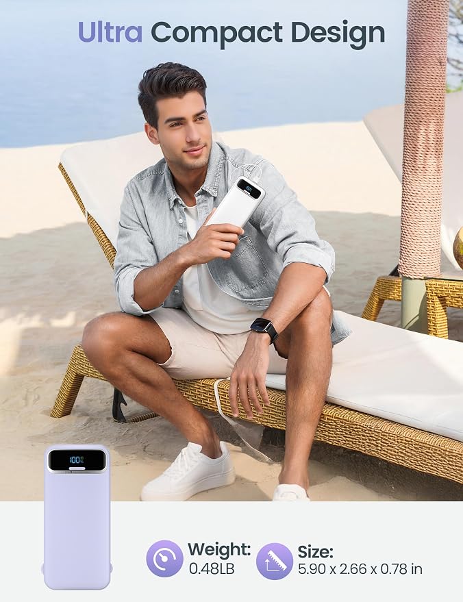aonidi Portable Charger 12000mAh with Built-in Cables&AC Wall Plug, Purple | PD20W USB C Fast Charging,LED Display External Travel Power Bank,TSA approved Battery Pack for All iPhone,Samsung,Android - Image 8