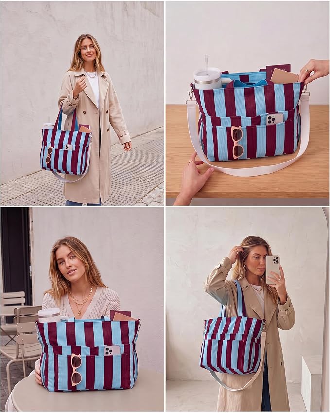 Kacctyen Striped Beach Tote Bag for Women Large Beach Foldable Tote Bag with Zipper Pockets for Travel Pool - Image 6