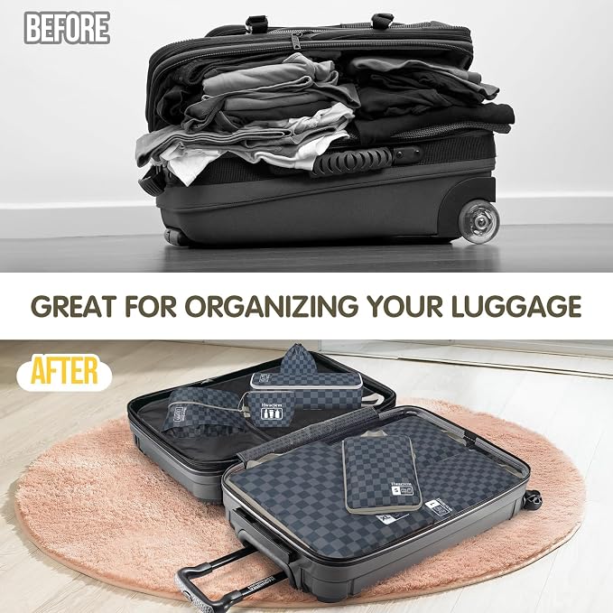 8 Set Compression Packing Cubes for Travel, Lightweight Dual Zipper Packing Cubes, Space-Saving Suitcase Organizer for Travel/Business Trip/Family Vacation (Blue-Gray Checkered) - Image 5