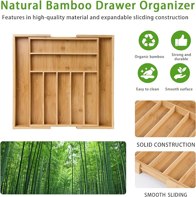 Bamboo Expandable Silverware Drawer Organizer, Adjustable Utensil Tray Cutlery Holder for Kitchen Drawer, Flatware Storage Organizer for Spoons, Forks and Knives, Natural (8 Slot,) - Image 3