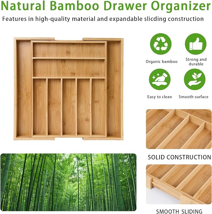 Bamboo Expandable Silverware Drawer Organizer, Adjustable Utensil Tray Cutlery Holder for Kitchen Drawer, Flatware Storage Organizer for Spoons, Forks and Knives, Natural (9 Slot,) - Image 3