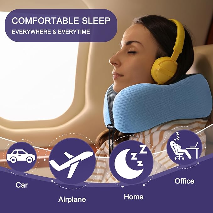 napfun Neck Pillow for Travel, Memory Foam Airplane Pillow, Sky Blue | 360° Neck Support, Upgraded 100% Memory Foam for Airplane, Car, Train, Bus, Office Sleep, Travel Essentials for Long Flights - Image 6
