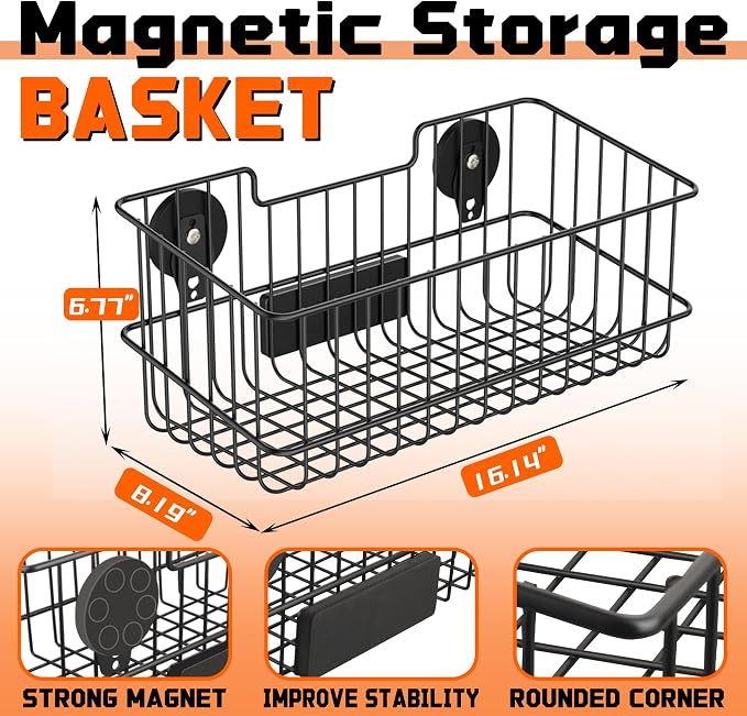 ULIBERMAGNET Magnetic Baskets, Large Capacity Metal Wire Mesh Basket Holder Organizer for Sundry Tool Storage, Magnetic Shelf for Garage, Laundry, Kitchen, Workshop, Cabinet(2 Pack) - Image 2