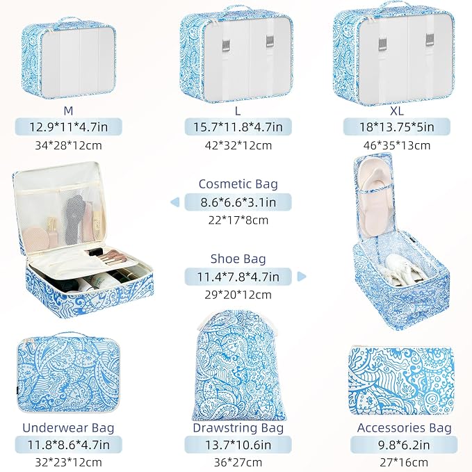 BAGAIL 8 Set Packing Cubes Luggage Packing Organizers for Travel Accessories-Blue paisley - Image 2