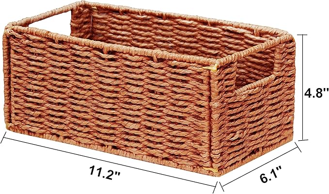Wicker Storage Basket, Set of 2 Hand-Woven Paper Rope Wicker Basket, Small Storage Baskets for Organizing Toilet Paper, Foldable Small Cube Organizer Bins for Shelves (Orange) - Image 8