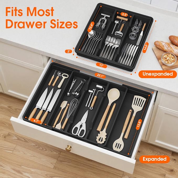 Large Expandable Silverware Drawer Organizer, Utensil Tray | Kitchen Drawer Organizer for Spoons/Forks/Knives, Multipurpose & BPA Free Cutlery Tray(2 Pack, Black) - Image 2
