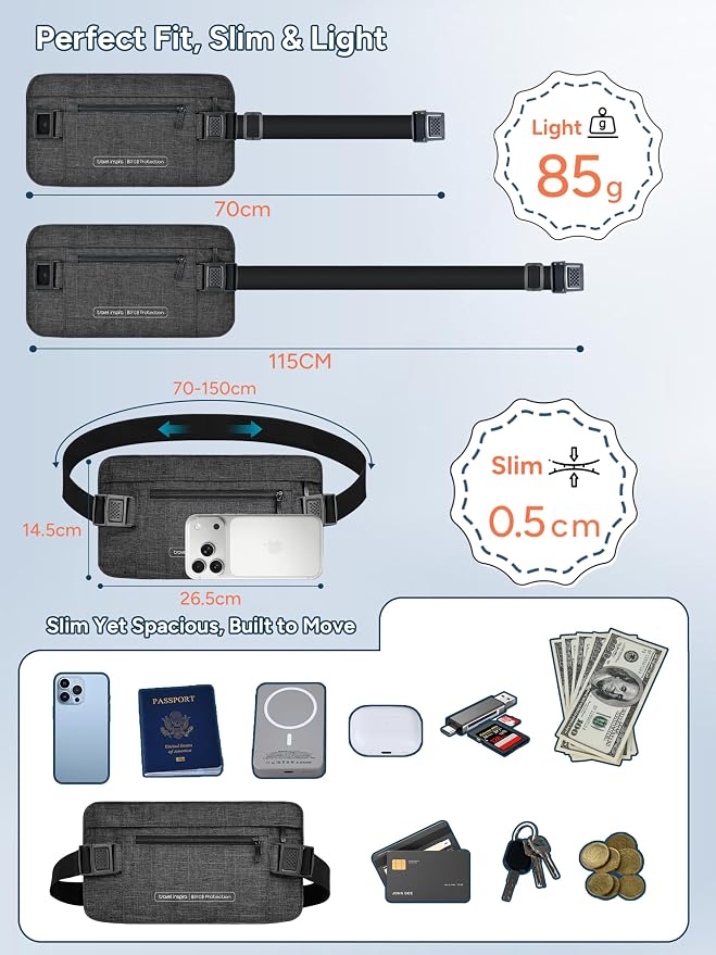 Hidden Money Belt for Travel, RFID Blocking Waist Wallet, 2 Zippers | Ultra-Slim Money Belt; RFID-Blocking Waist Pack; 2 Zippered Pockets; Moisture-Wicking; lightweight - Image 7