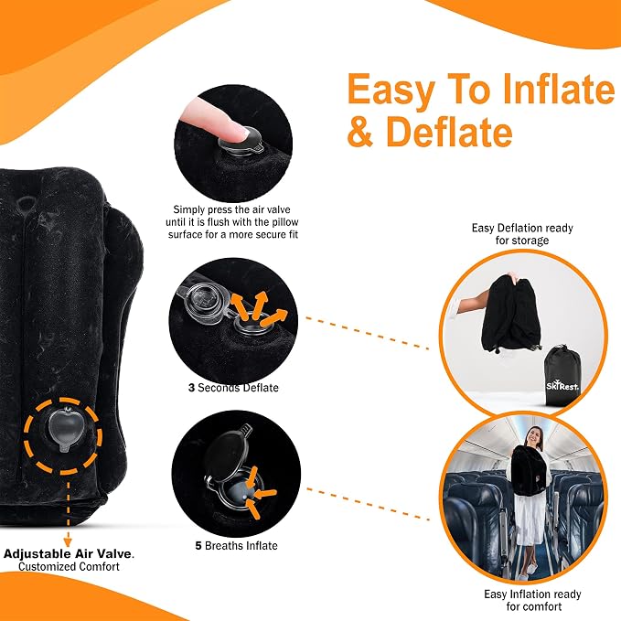 Inflatable Travel Pillow - Airplane Pillow for Neck Support on Long Flights, Buses, Cars, Office & Trains - Comes with Eye Mask, Earplugs & Portable Drawstring Bag - Black - Image 4