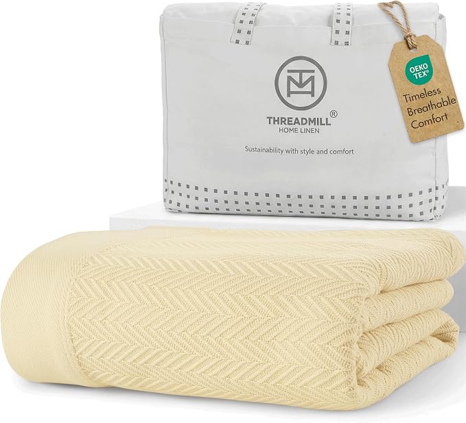 Threadmill Vanilla Cream 100% Combed Cotton King Size Blanket, All-Season Soft Breathable Light Weight Herringbone Throw | 100% Cotton, Herringbone Pattern, 350 GSM, 106x92 in, Breathable, All-Season, Lightweight, OEKO-TEX Certified by ThreadmillHomeLinen