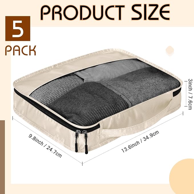 5 Pcs Packing Cubes for Suitcase Large Travel Cubes Carry on Luggage Organizer Bags for Clothes Accessories(S,Khaki) - Image 2