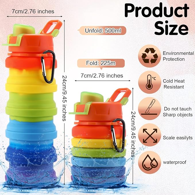 Sunnyray 20 Pack Collapsible Water Bottles Bulk Foldable Water Bottles 17oz Silicone Portable Leak Proof Reusable Sports with Clip for Travel Hiking Camping Outdoor (Colorful) - Image 2