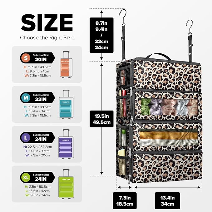 Suitcase Organizer, Travel Luggage Organizer Hanging Shelves Packing Cube Closet/Collapsible Portable Travel Organizer for Carry-on, Medium, Leopard Print - Image 2