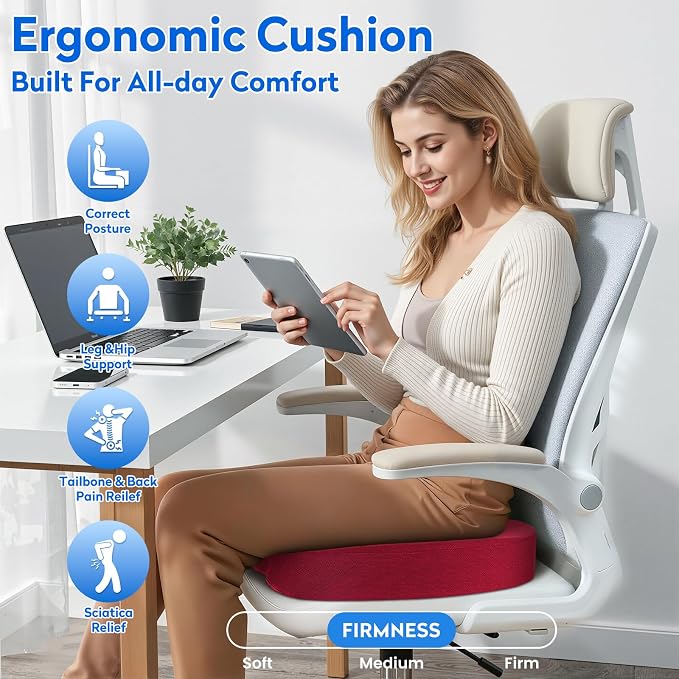 CushZone XL Memory Foam Seat Cushion for Office, Car & Wheelchair, Red | U-shaped Coccyx Cutout, Contoured Design, Breathable Removable Mesh Cover, Non-Slip Base, Carry Handle - Image 6