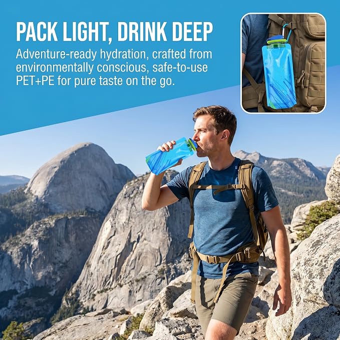 Jinora 2 Pack Collapsible Water Bottles for Travel – 23oz Foldable Water Bottle with Carabiner,Leakproof BPA-Free Water Jup, Portable Reusable Water Bottle for Hiking,Sports,Camping,Biking - Image 3