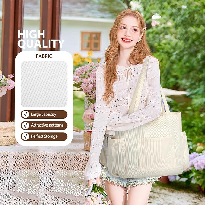 Corduroy Tote Bag for Women,Large Capacity Cute Tote Bags With 6 Pockets,Crossbody Shoulder Handbag for Work Travel Gym - Image 6