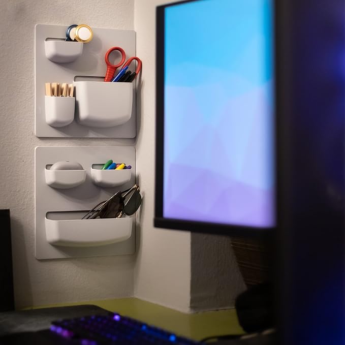 Modern Grey Wall Desk Organizer - 2 Parts, 6 Organizer Pockets, and Adhesive Holder Shelves for Easy Storage of Small Things at Home or Office. Wall Organizer Easy to Install in Ligth Grey to Decor - Image 6