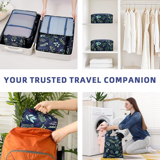 BAGAIL 8 Set Packing Cubes Luggage Packing Organizers for Travel Accessories-Navy Leaf - Image 8