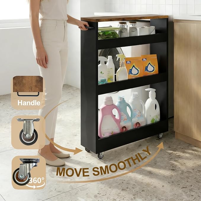 TEAMIX Wood 4-Tier Slim Rolling Storage Cart, 7.9"W, 24.8"D, 36.7"H, Black | Height Adjustable, 360°Swivel Wheels, Deeper & Taller, Use as Narrow Kitchen Cart, Laundry Organizer Between Washer & Dryer - Image 3