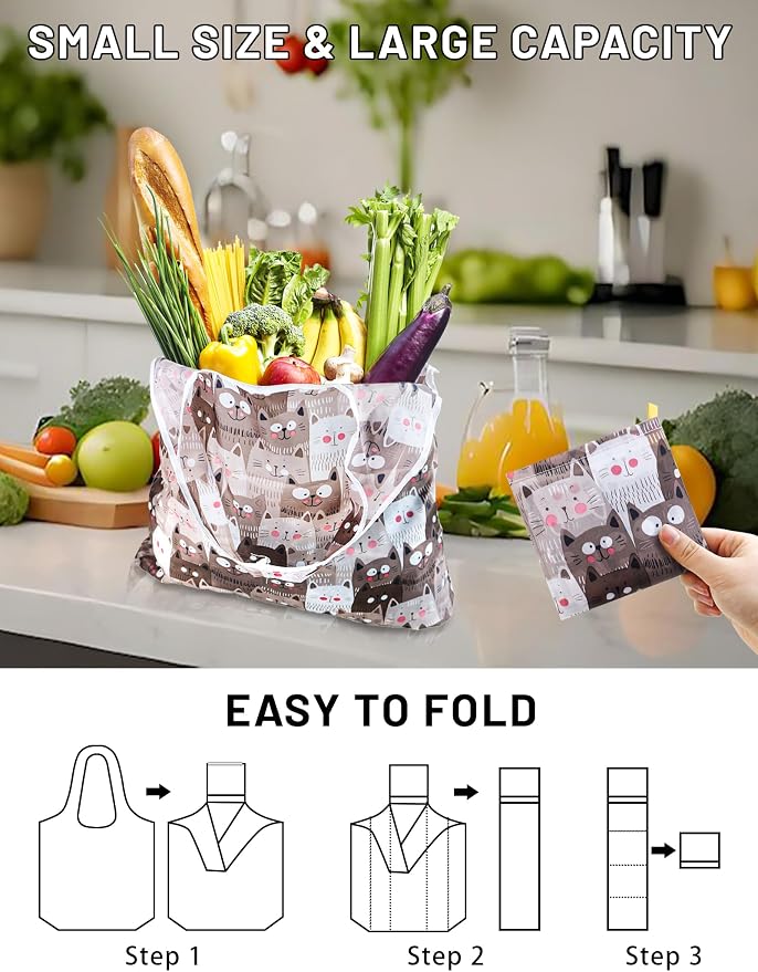 4 Pcs Reusable Grocery Bags, Foldable Shopping Bags Heavy Duty, Large Nano Bag Cute Tote Bag for Daily Shopping, Waterproof and Machine Washable (Animals) - Image 4