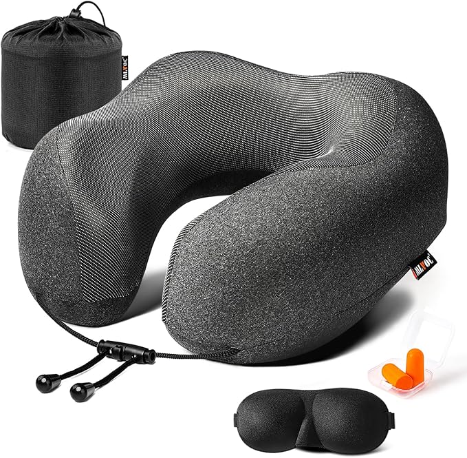 MLVOC Airplane Travel Neck Pillow for Sleeping, 3D-Eye Mask & Earplugs Kit | 3-in-1 Travel Kit, Eye Mask + Earplugs, Curved Neck & Chin Support, Rope Lock Fit, Memory Foam Keeps It’s Shape by ProfessionalMemoryFoamProductsManufacturers