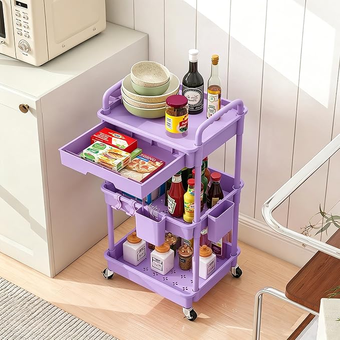 REBECAT 3 Tier Rolling Cart with Drawer, Utility Storage Cart on Wheels for Kitchen, Bathroom, Living Room,Office(Purple) - Image 7