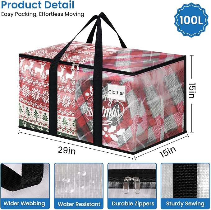 RoomHacks Moving Bags, Heavy Duty Large Storage Bags, 100L, 4 Pack, Clear | Water-Resistant Packing Bags with Reinforced Handles & Dual Zippers, Foldable Storage Totes for Dorm Move & Home Organization - Image 2