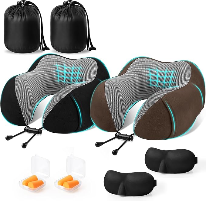 CloudBliss Memory Foam Travel Neck Pillow Airplane, 2 Pack, Black & Brown | Travel Neck Pillow for Long Flight, Train, Car & Office, Plane Travel Accessories with Eye Mask, Earplugs, Storage Bag by CloudBliss