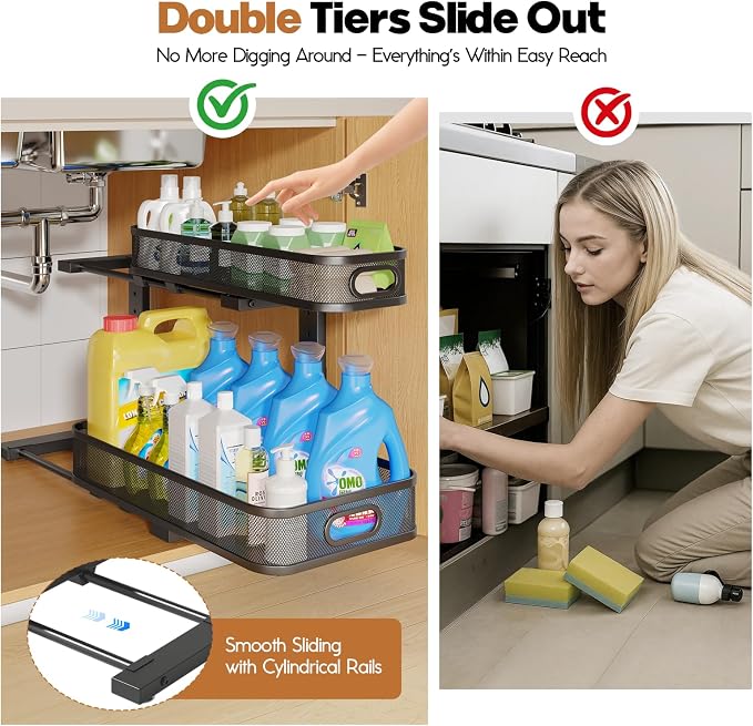 2 Pack 19.3IN-Depth Under Sink Organizer with Smooth Cylindrical Rail,2-Tier Pull Out Multi-Purpose Cabinet Storage for Bathroom&Kitchen,Height Adjustable,Rust-Resistant Coating-Black - Image 3