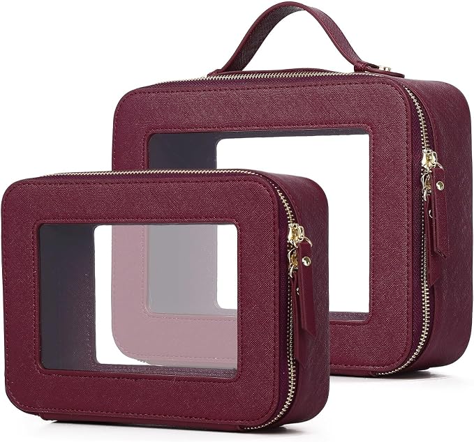 Pinkmik Clear Makeup Bag, (Burgundy, M+L) | 2PC,Waterproof, Travel Cosmetics and Toiletries Case, Portable Makeup Organizer, Clear Car Bag with Zipper by Pinkmik