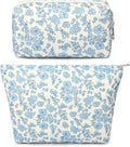 SOIDRAM 2 Pcs Makeup Bag Large Cosmetic Bag Toiletry Bag Makeup Pouch Travel Bag Organizer Cute Makeup Brushes Aesthetic Accessories Storage Bag for Women Blue Floral by SOIDRAM
