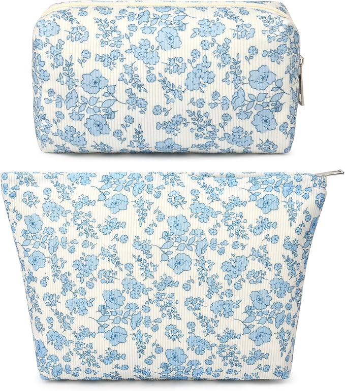 SOIDRAM 2 Pcs Makeup Bag Large Cosmetic Bag Toiletry Bag Makeup Pouch Travel Bag Organizer Cute Makeup Brushes Aesthetic Accessories Storage Bag for Women Blue Floral by SOIDRAM